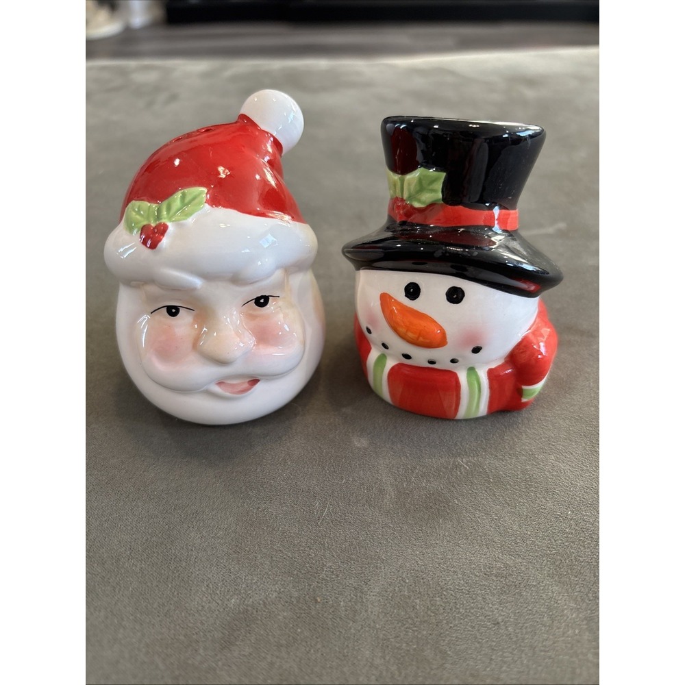 Vintage Santa & Snowman Head SALT & PEPPER SHAKERS Ceramic Christmas Set